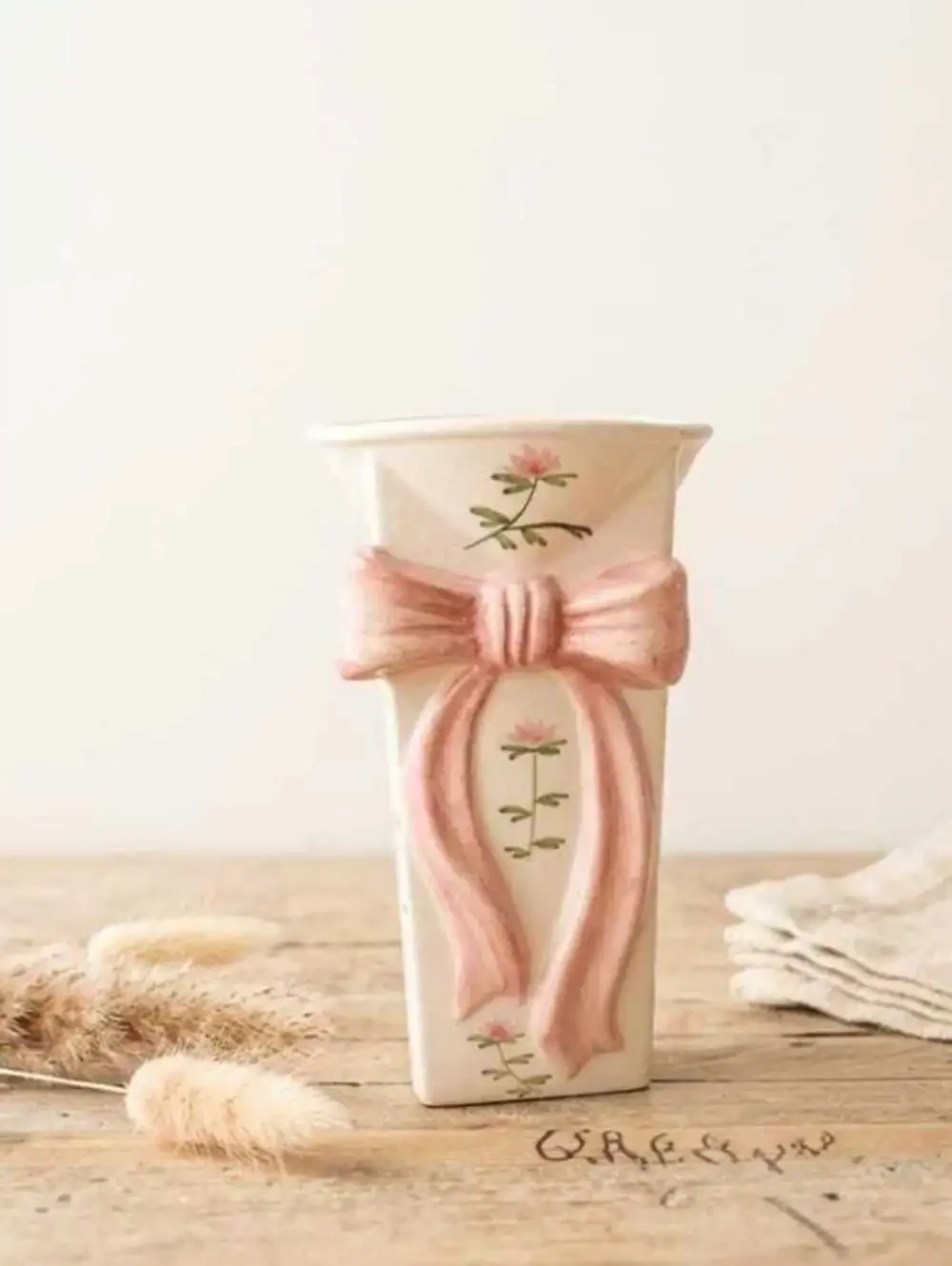 Coastal Granny Decor Rose Motif Vase, Pink Ceramic, Small Mantel Accent